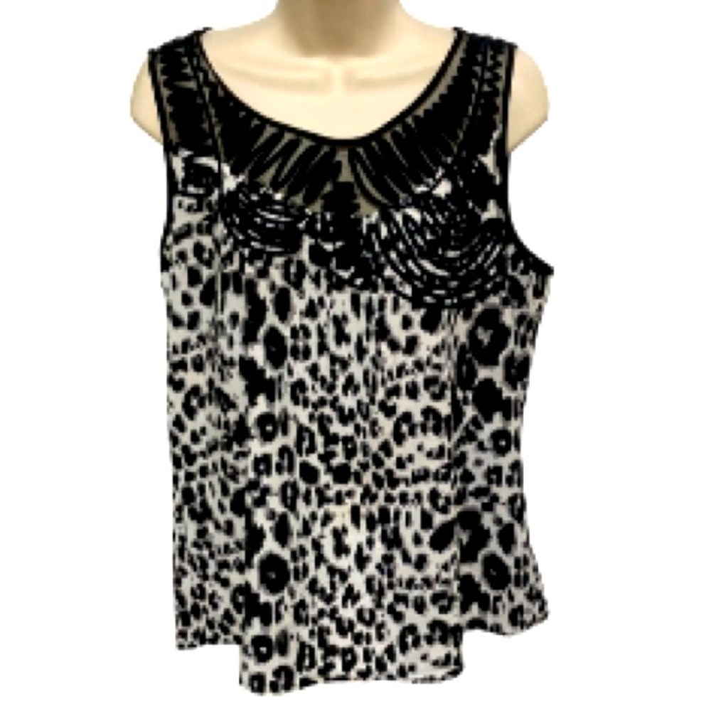 CHICOS Leopard Embroidered Detail Tank Top Sleeveless Blouse Black & White Large